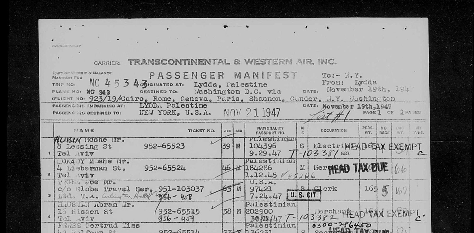 Zeidi on a TWA passenger list from Lydda to New York, 21 November 1947: Saie Leib Rosner, 51, manufacturer, of 10 Zamenhoff Street, Tel Aviv.