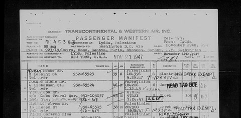 Zeidi on a TWA passenger list from Lydda to New York, 21 November 1947: Saie Leib Rosner, 51, manufacturer, of 10 Zamenhoff Street, Tel Aviv