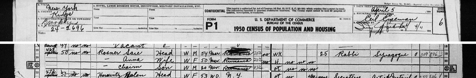 The 1950 census at 468 Crown Street, Brooklyn: Saie, 54, rabbi of a synagogue; Anna, 50; Chaim, 20.
