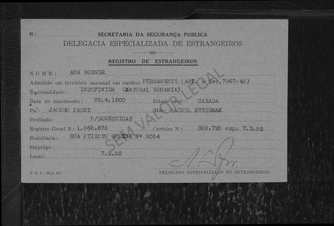 Anna’s São Paulo foreigners’ card, 1952: Ana Rosner, born 22 April 1900, daughter of Jacobo Pacht and Rachel Steigman.