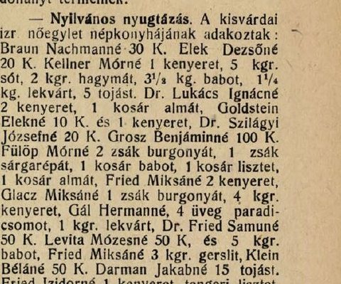“Braun Nachmanné” — Mrs Nachman Braun, Babi’s grandmother — heads the donors to the Kisvárda Jewish women’s soup kitchen, February 1919.