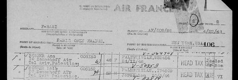 Zeidi and Anna on an Air France passenger list from Paris to New York, April 1948 — 10 Zamenhoff Street, Tel Aviv.