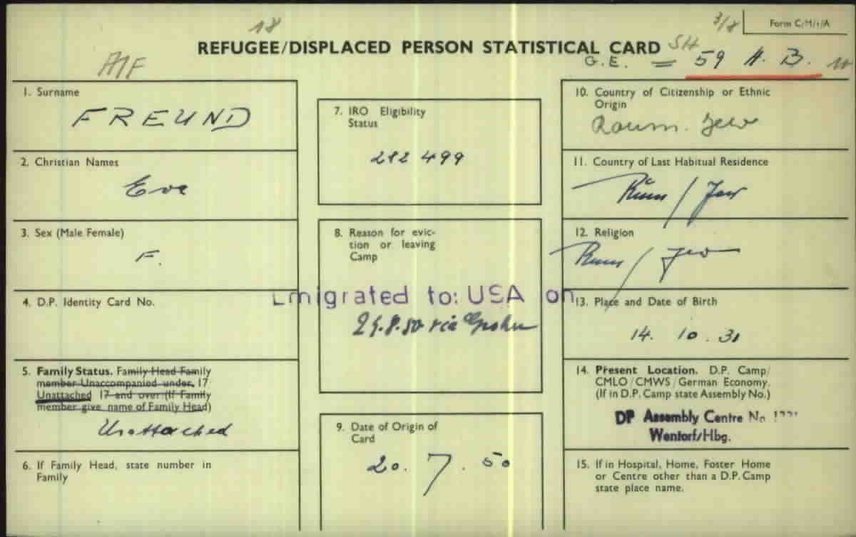 Babi’s displaced-persons card, Wentorf near Hamburg, 20 July 1950: Eva Freund, born 14 October 1931.