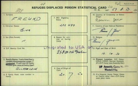 Babi’s displaced-persons card, Wentorf near Hamburg, 20 July 1950: Eva Freund, born 14 October 1931.