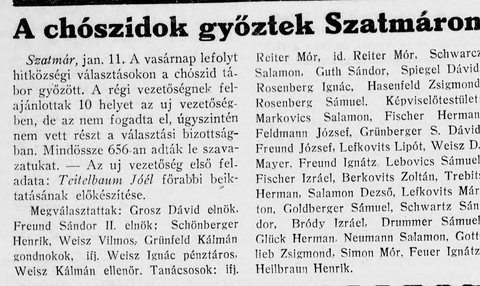The Satmar Orthodox community elections, January 1934: “Freund Sándor” elected vice-president; Freund József on the board.