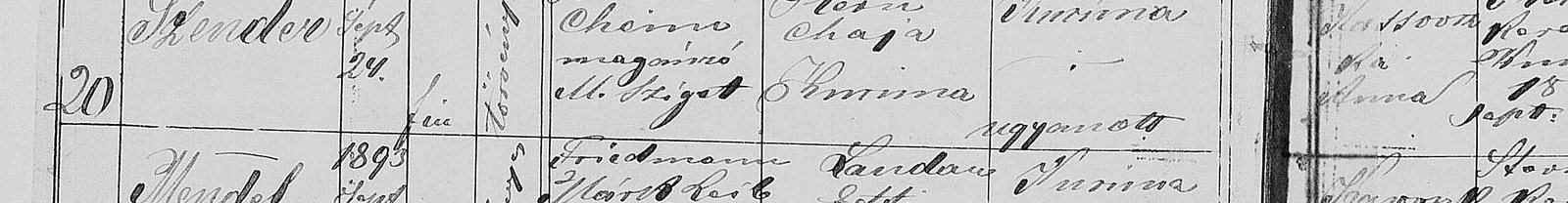 Sender Freund’s birth, Kurima, 24 September 1893 (entry 20): father Chaim Freund of Máramarossziget, mother Chaja Stern of Kurima.